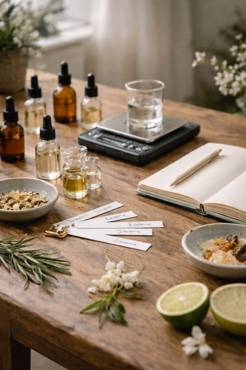 Balance de pesée dans notre atelier parfum Bordeaux — précision et savoir-faire